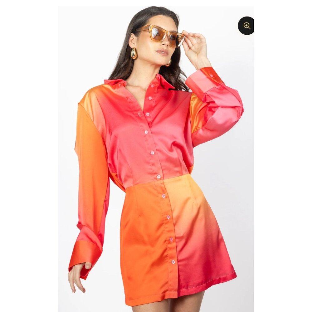 Ronny kobo Jones dress Women Medium Orange Sunset Mini Long Sleeves Button Down - Picture 3 of 16